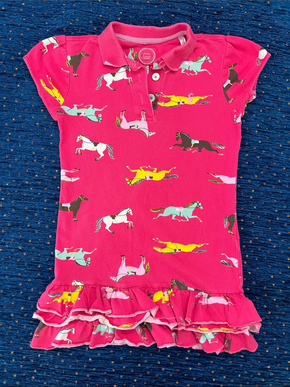 Joules size 8 Bright Pink Horse Print Ruffle Polo Dress